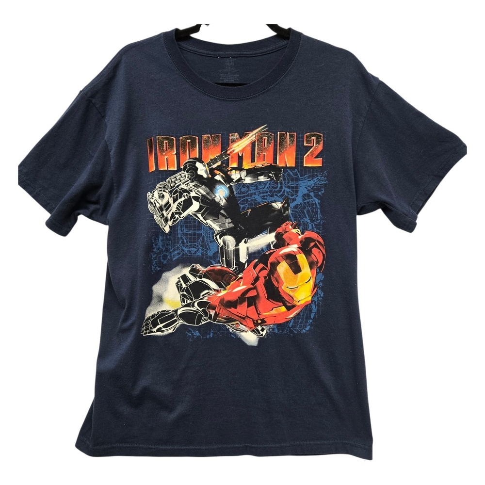 Marvel Iron Man 2 Graphic T-Shirt Mens Large Navy Blue Cotton Tee Avengers Movie